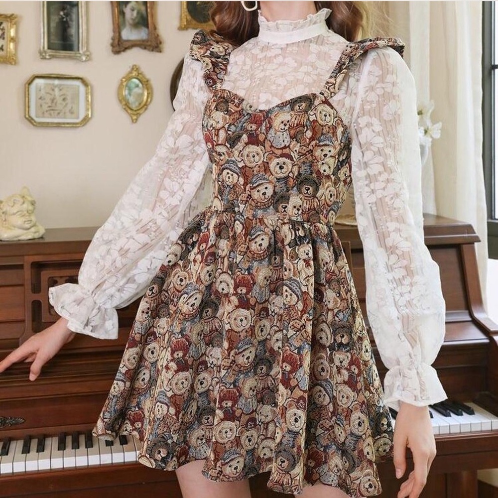 2pcs Multicolor Teddy Print Pinafore Dress